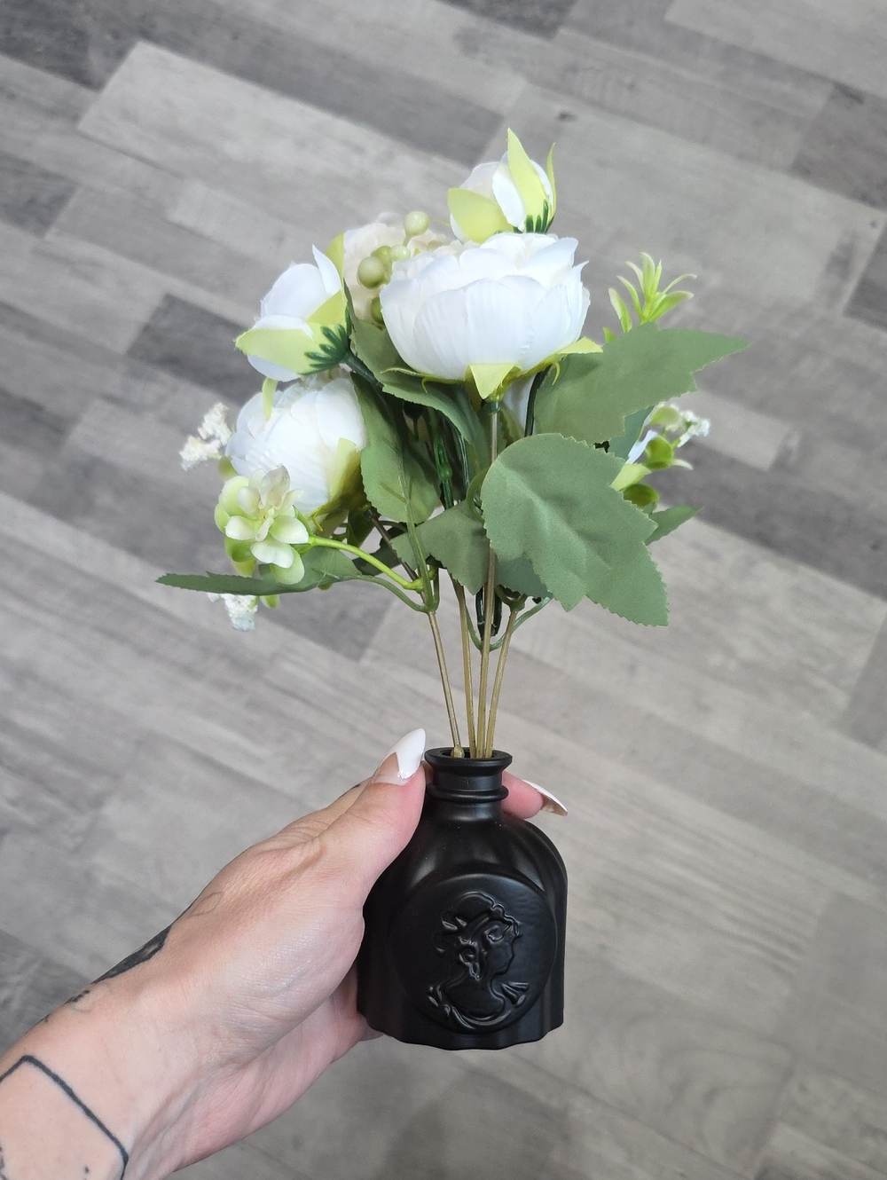 White and Green Faux Peony Bouquet in Black Vase